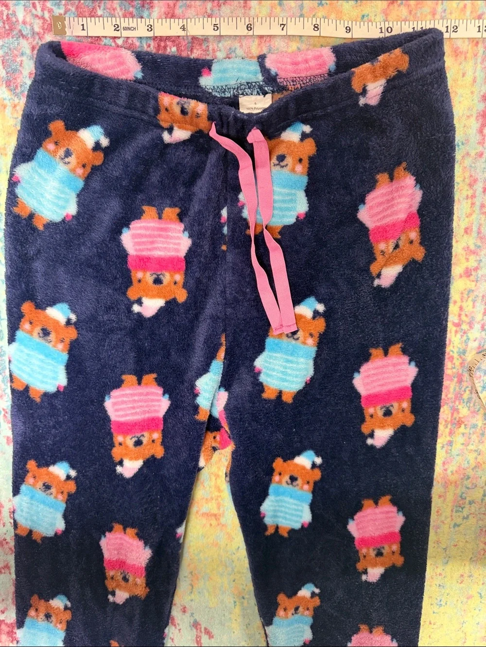Girls' Navy Plush Pajama Pants with Pink & Blue Bear Motif